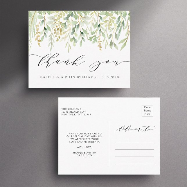 Postal Agradecimiento Botánico de Boda con Follaje Verde (Front & Back)