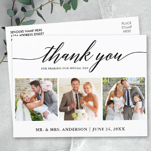Postal Agradecimiento de 3 fotos de boda con caligrafía m