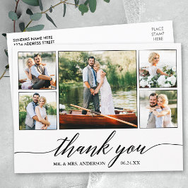 Postal Agradecimiento de 5 fotos de boda con caligrafía m