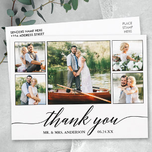 Postal Agradecimiento de 5 fotos de boda con caligrafía m
