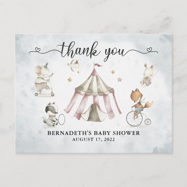 Postal Agradecimiento de Baby Shower Acuarela Circo (Anverso)