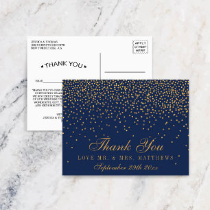 Postal Agradecimiento de Boda Azul Marino y Confeti Dorad