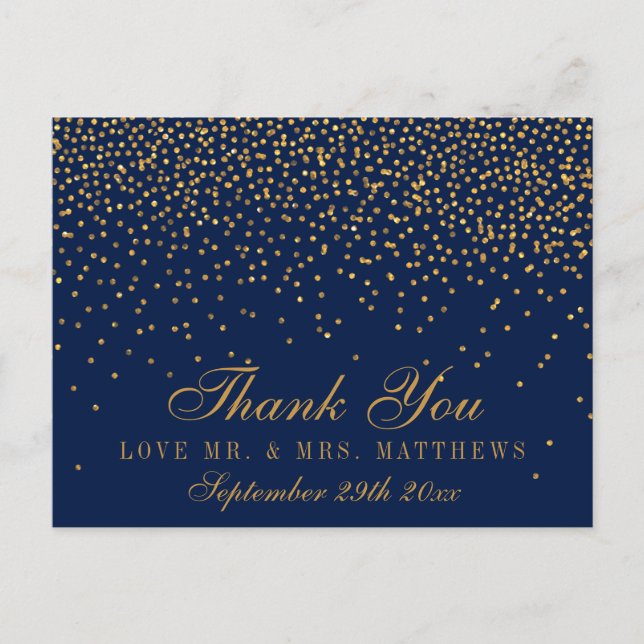 Postal Agradecimiento de Boda Azul Marino y Confeti Dorad (Anverso)