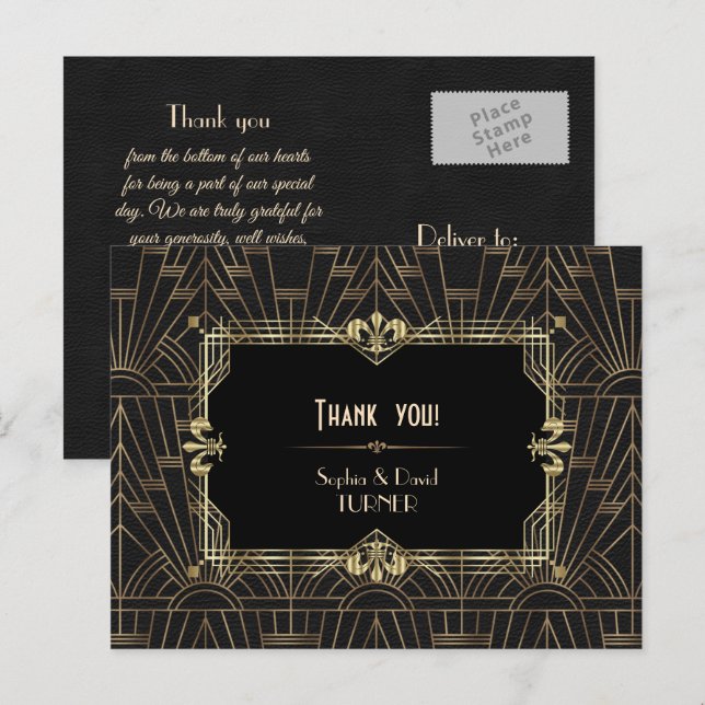 Postal Agradecimiento de boda Charm Gold Black Great Gats (Anverso / Reverso)