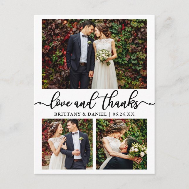 Postal Agradecimiento de boda con caligrafía de 3 fotos (Anverso)