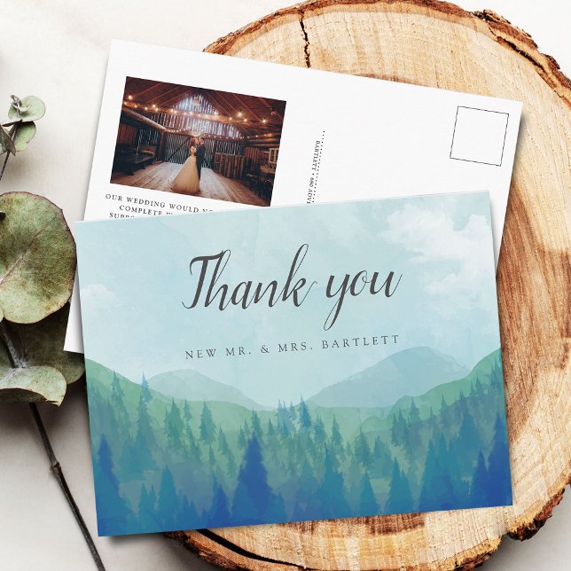 Postal Agradecimiento de boda con foto de bosque acuarela (Rustic Watercolor Forest Wedding Photo Thank You Postcard)