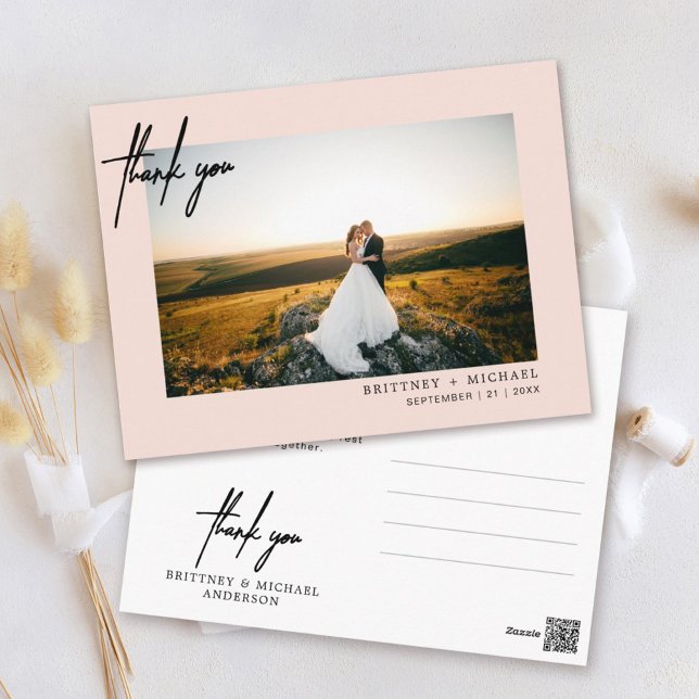 Postal Agradecimiento de boda con foto de guión moderno r (Subido por el creador)