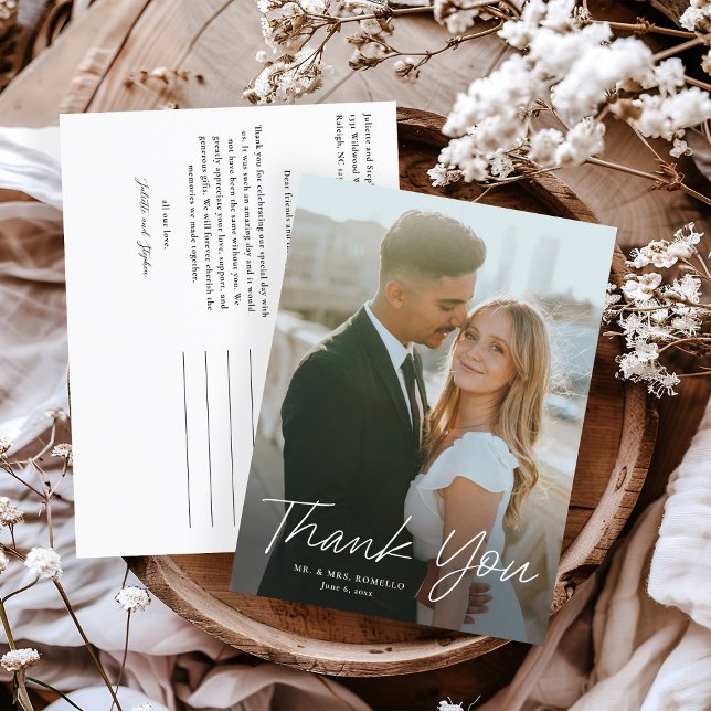 Postal Agradecimiento de boda con foto simple en guión mo (Modern script photo wedding thank you postcard.)