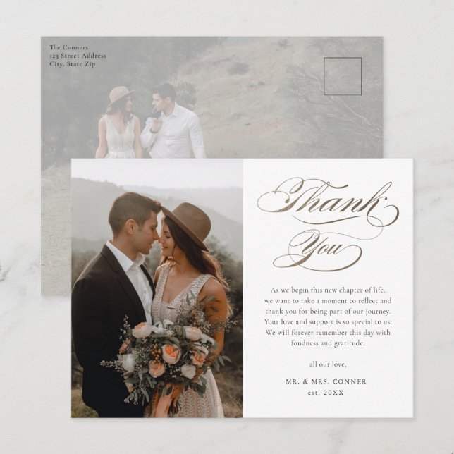 Postal Agradecimiento de boda con letra dorada elegante (Anverso / Reverso)