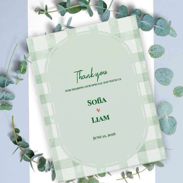 Postal Agradecimiento de Boda de Fiesta de Jardín de Cuad (Sage Green Gingham Wedding Thank You Card | Garden Party Thank You Note)