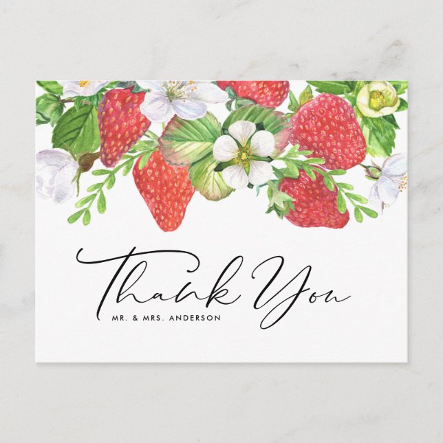 Postal Agradecimiento de boda de verano de fresa en acuar (Anverso)
