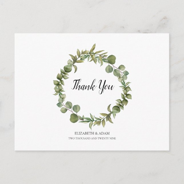 Postal Agradecimiento de boda de verde eucalipto del bosq (Anverso)