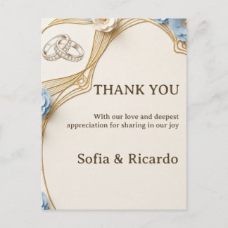 Postal Agradecimiento de boda en azul pastel y oro Art No