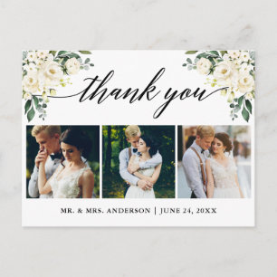 Postal Agradecimiento de Boda Floral Blanco Caligrafía