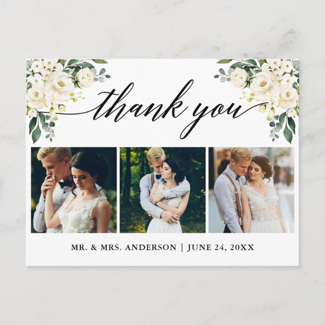 Postal Agradecimiento de Boda Floral Blanco Caligrafía (Anverso)