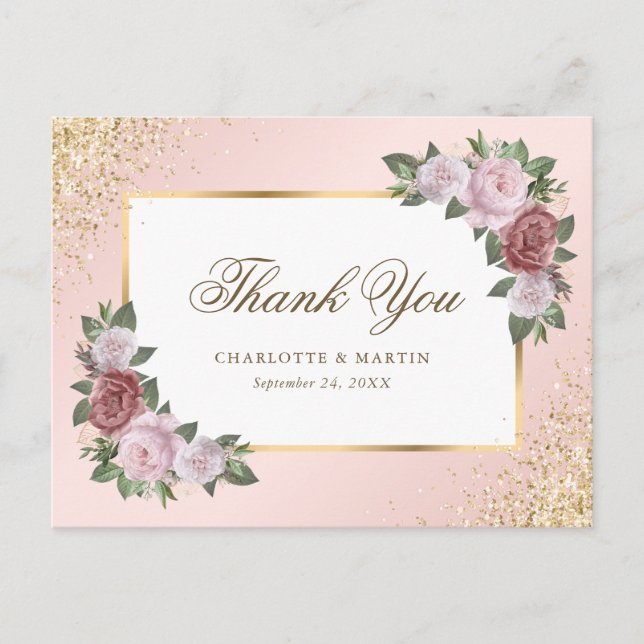 Postal Agradecimiento de boda floral de confeti de oro ro (Anverso)
