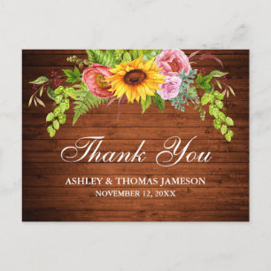 Postal Agradecimiento de boda floral de girasol de madera