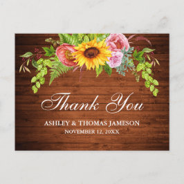 Postal Agradecimiento de boda floral de girasol de madera