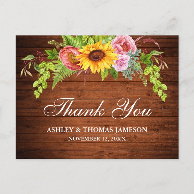 Postal Agradecimiento de boda floral de girasol de madera (Anverso)