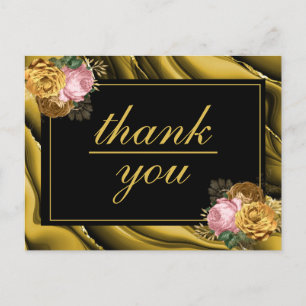 Postal Agradecimiento de Boda Floral Dorado Negro Minimal