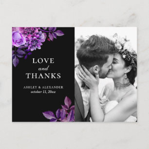 Postal Agradecimiento de boda floral negro y púrpura acua