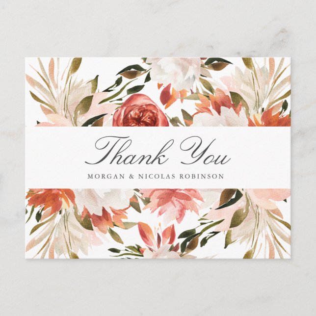 Postal Agradecimiento de Boda Floral Sutil Rojo y Blanco (Anverso)