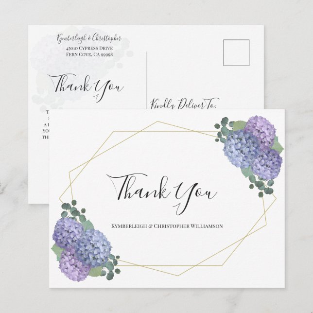Postal Agradecimiento de Boda Geométrico Floral Azul Polv (Anverso / Reverso)