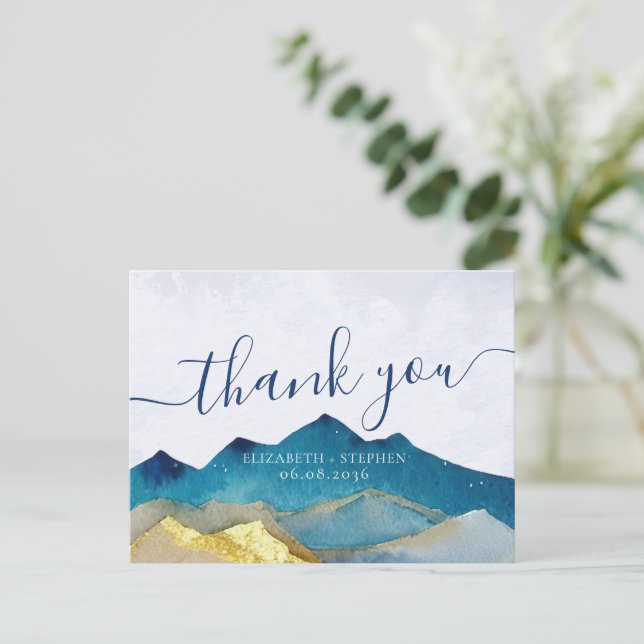 Postal Agradecimiento de boda Montañas Doradas y Azules A (Anverso de pie)