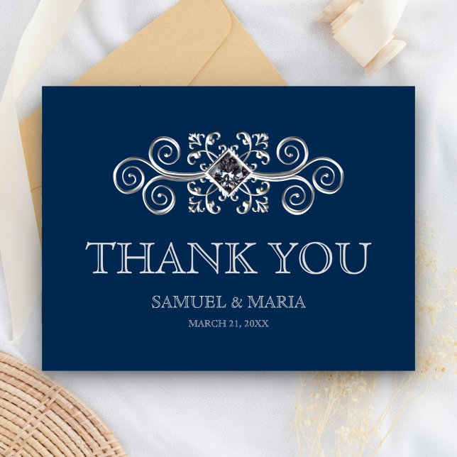Postal Agradecimiento de boda Navy Blue Silver Flourish (Subido por el creador)