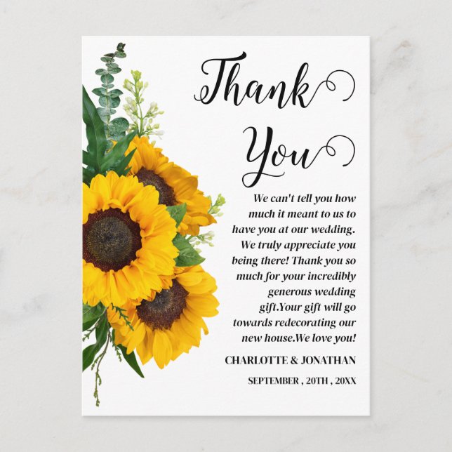 Postal Agradecimiento de Boda Personalizado con Girasoles (Anverso)