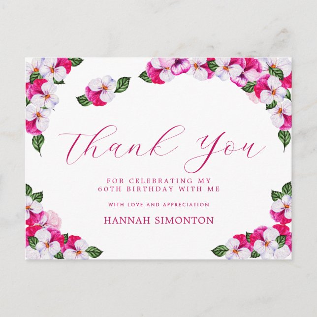 Postal Agradecimiento de cumpleaños número 60 Floral Rosa (Anverso)