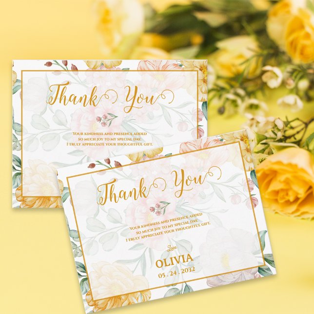 Postal Agradecimiento de Despedida de Soltera Floral Amar (Romantic Yellow Floral Bridal Shower Thank You Postcard)