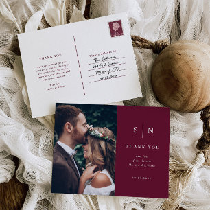 Postal Agradecimiento de Foto de Boda Burgundy Minimalist