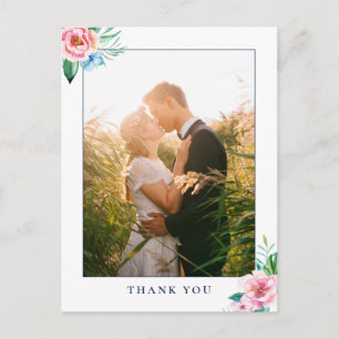 Postal Agradecimiento de Foto de Boda con Acuarela Floral