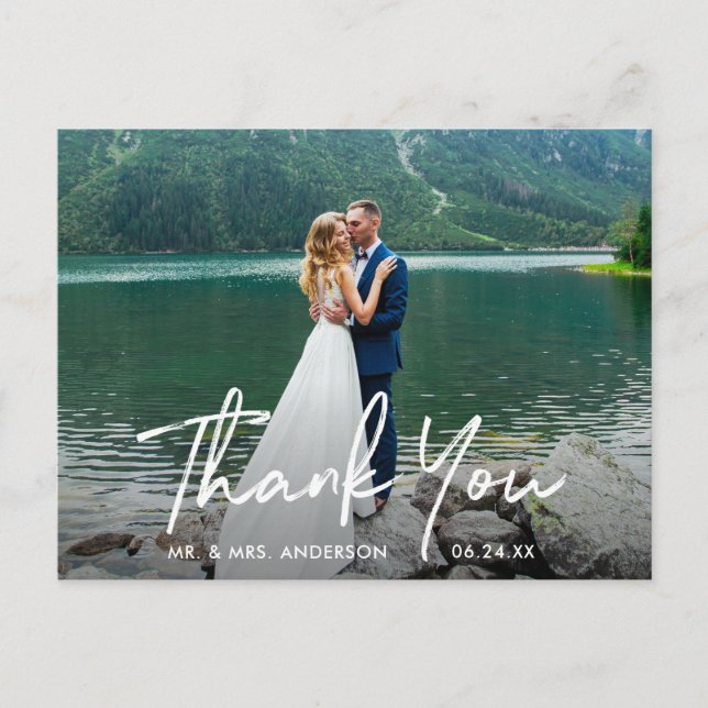 Postal Agradecimiento de foto de boda con letra manuscrit (Anverso)