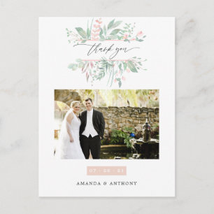 Postal Agradecimiento de foto de boda con verde y rosa pa