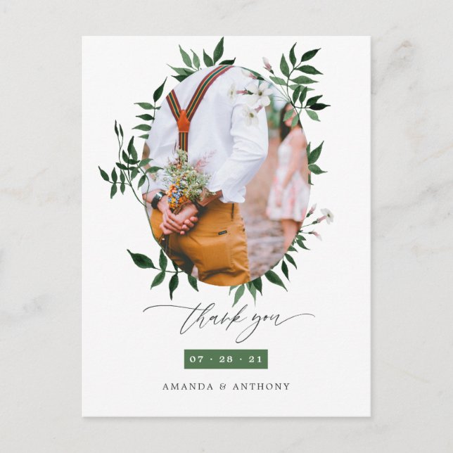 Postal Agradecimiento de foto de boda de bosque de acuare (Anverso)
