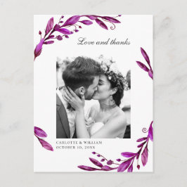 Postal Agradecimiento de foto de boda floral púrpura acua