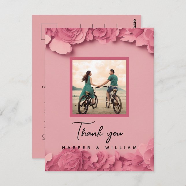 Postal Agradecimiento de foto de boda floral rosa (Anverso / Reverso)