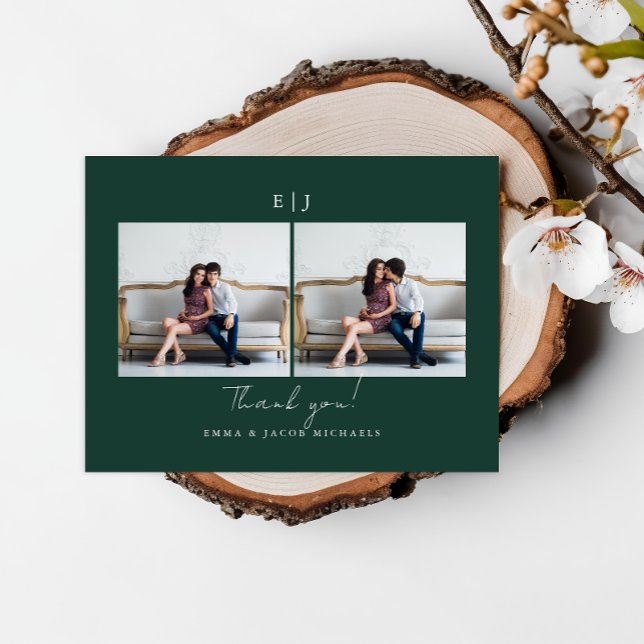 Postal Agradecimiento de foto de boda verde Monogram (Subido por el creador)