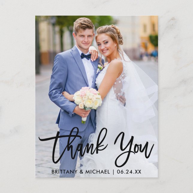 Postal Agradecimiento de foto de pareja de boda con letra (Anverso)