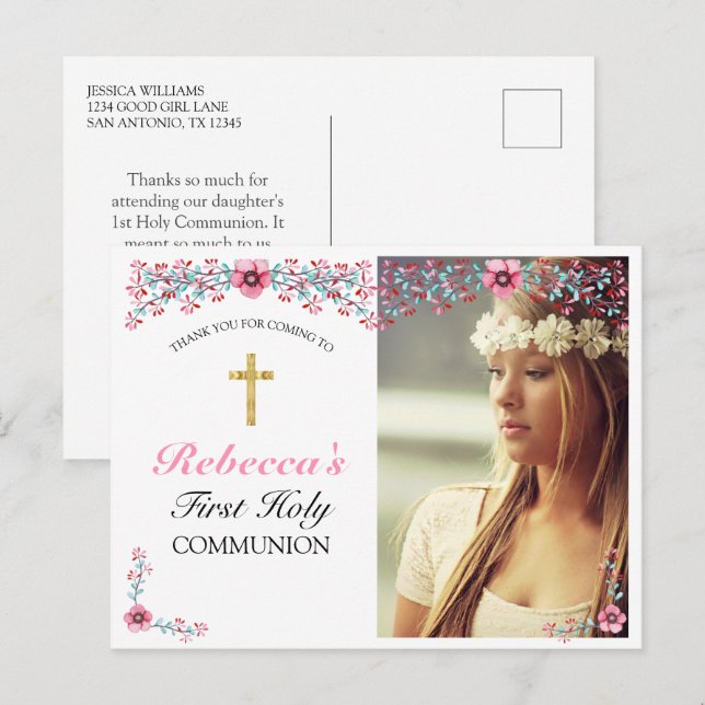 Postal Agradecimiento de Primera Comunión Cruz Dorada con (Anverso / Reverso)