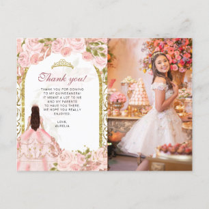 Postal Agradecimiento de Quinceañera con Foto Floral Rosa