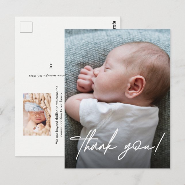 Postal Agradecimiento Moderno para Bebé Niño con Fotos (Anverso / Reverso)