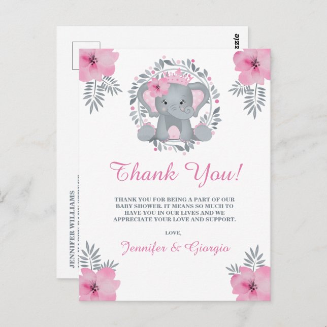 Postal Agradecimiento para Baby Shower de Elefante Floral (Anverso / Reverso)