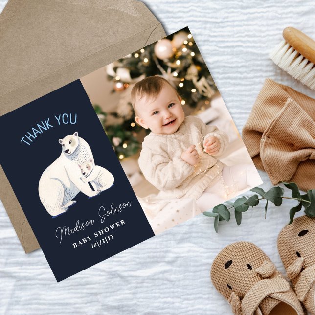 Postal Agradecimiento para Baby Shower de invierno de oso (Polar Bear Winter Baby Shower Thank You Postcard)