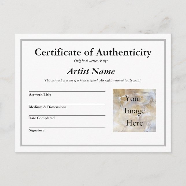 Postal Agregar certificado de autenticidad de foto de art (Anverso)