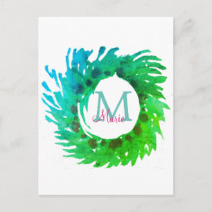 Postal Agregar corona de Navidad verde rosa verde monogra