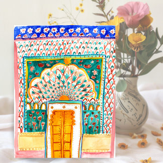 Postal Agua de la puerta del pavo real del Palacio de la 