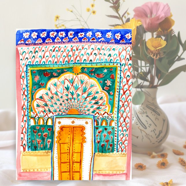 Postal Agua de la puerta del pavo real del Palacio de la  (Peacock Door Watercolor Jaipur City Palace Pink Postcard
)